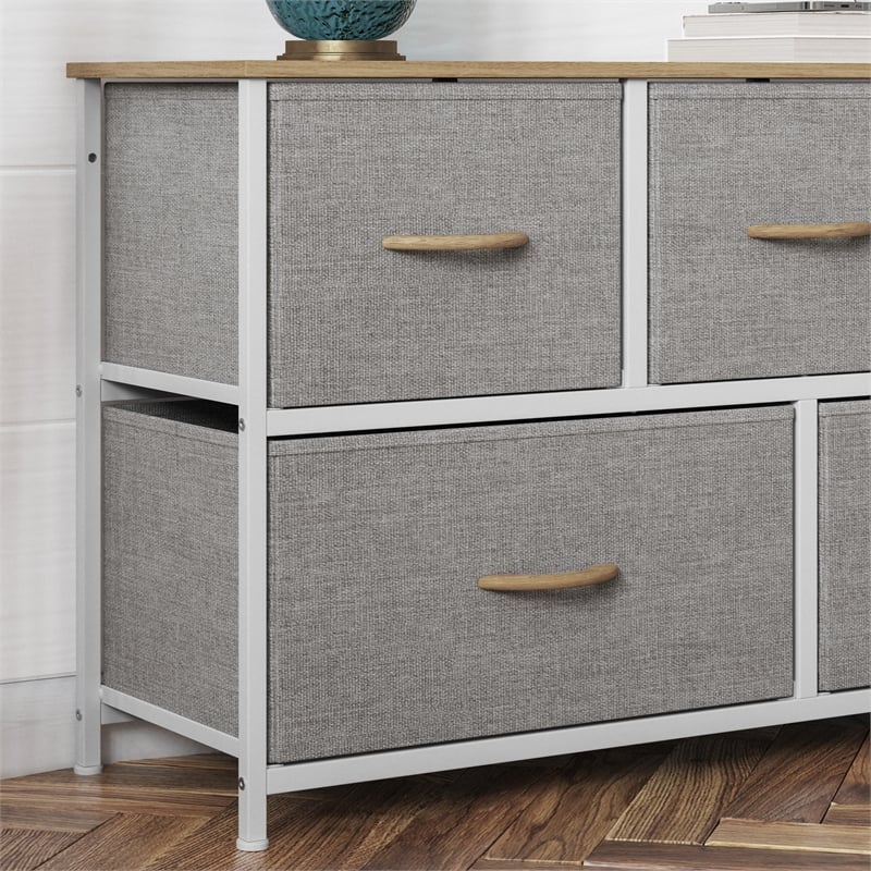 5 Drawer Dresser-Oak Wood Top/White Iron Frame/Beige Drawers with White Handles