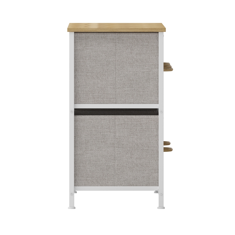 5 Drawer Dresser-Oak Wood Top/White Iron Frame/Beige Drawers with White Handles