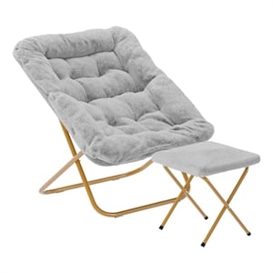 Oversized Folding Faux Fur Saucer Chair with Ottoman - Gray/Soft Gold