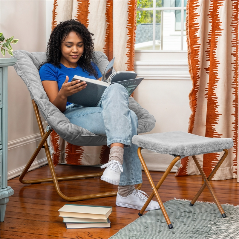 Oversized Folding Faux Fur Saucer Chair with Ottoman - Gray/Soft Gold