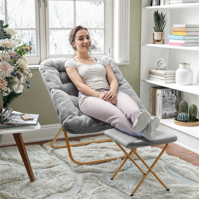 Oversized Folding Faux Fur Saucer Chair with Ottoman - Gray/Soft Gold