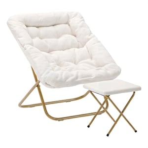Oversized Folding Faux Shearling Saucer Chair with Ottoman - Ivory/Soft Gold