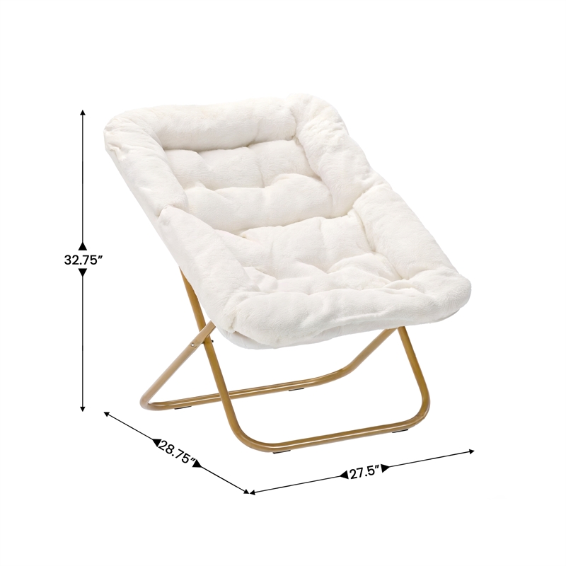 Oversized Folding Faux Shearling Saucer Chair with Ottoman - Ivory/Soft Gold