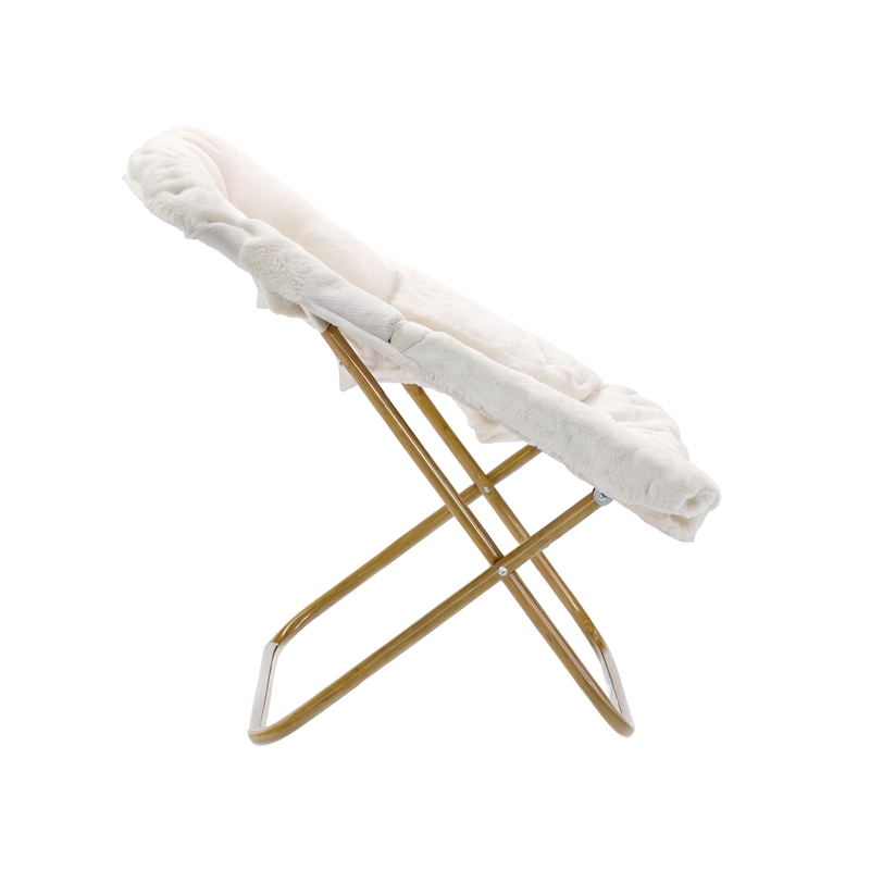Oversized Folding Faux Shearling Saucer Chair with Ottoman - Ivory/Soft Gold