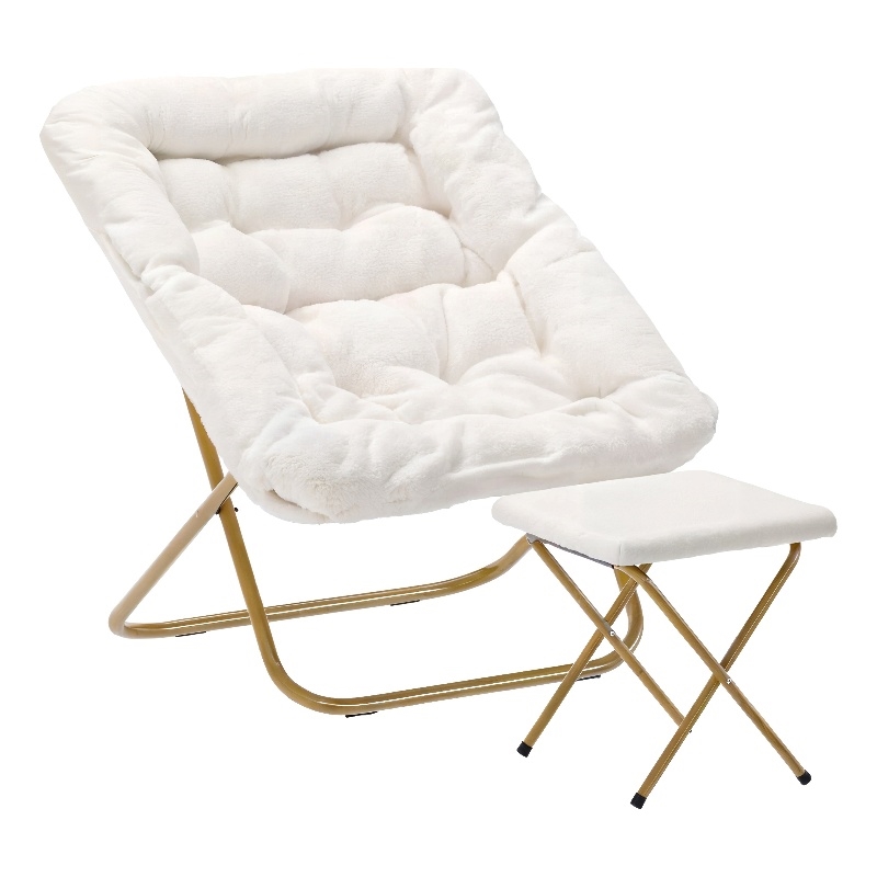 Oversized Folding Faux Shearling Saucer Chair with Ottoman - Ivory/Soft Gold