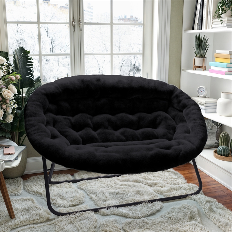 Folding Faux Fur Double Saucer Chair with Steel Frame - Black/Black