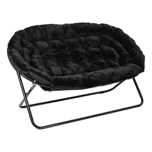 Folding Faux Fur Double Saucer Chair with Steel Frame - Black/Black