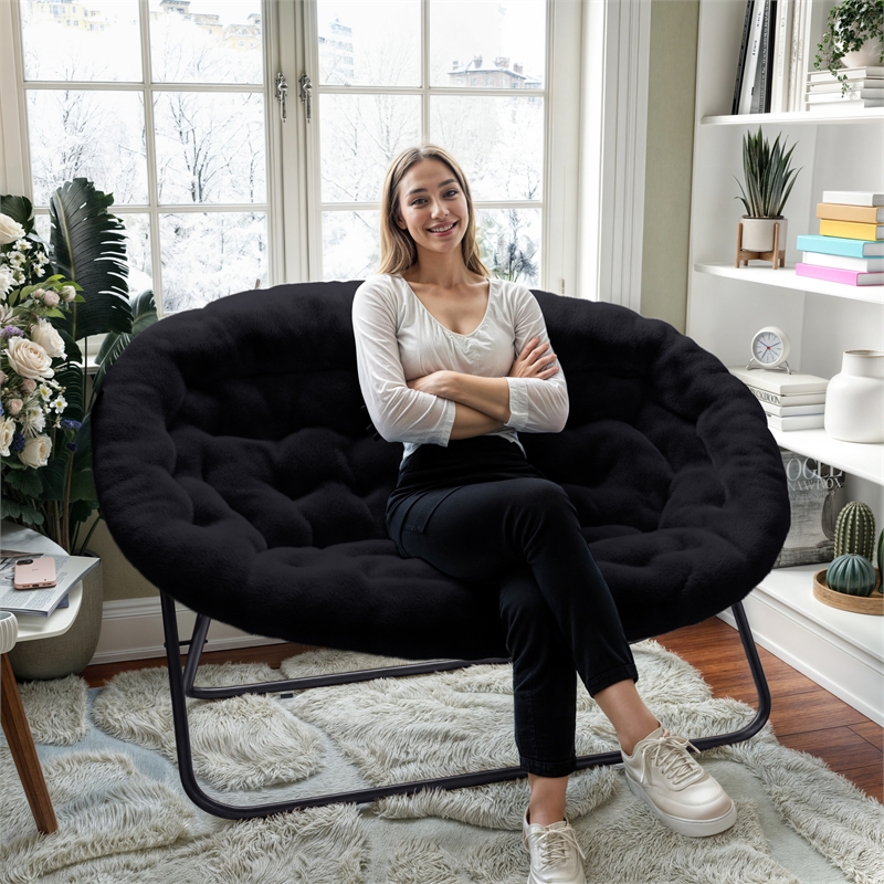 Folding Faux Fur Double Saucer Chair with Steel Frame - Black/Black