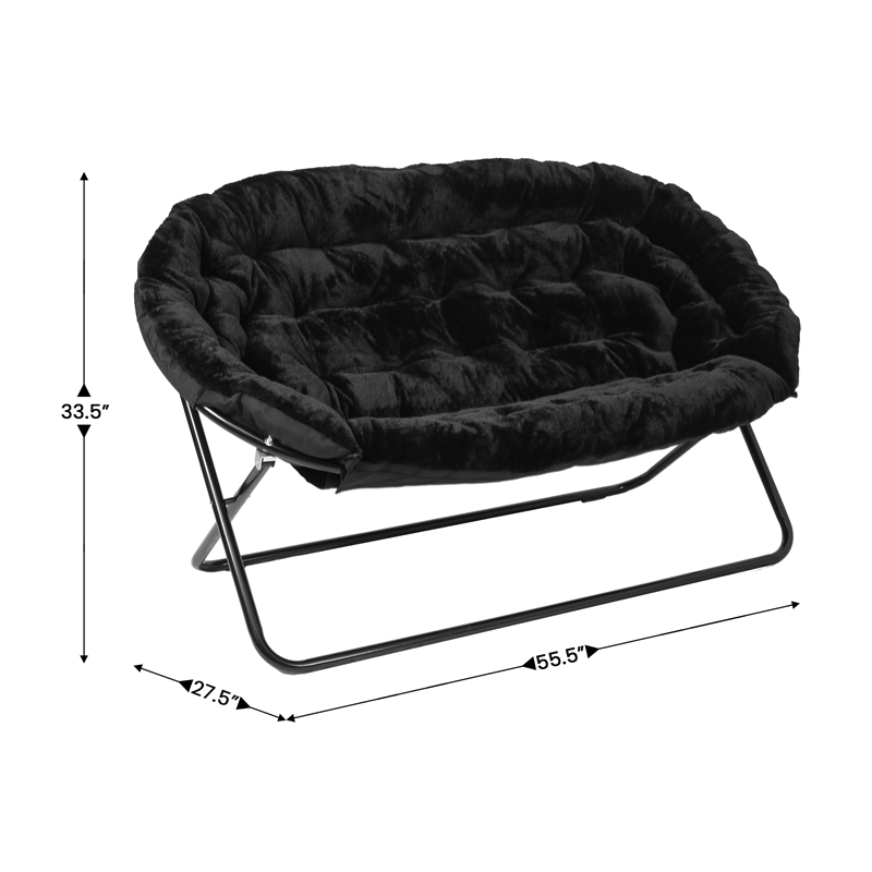 Folding Faux Fur Double Saucer Chair with Steel Frame - Black/Black
