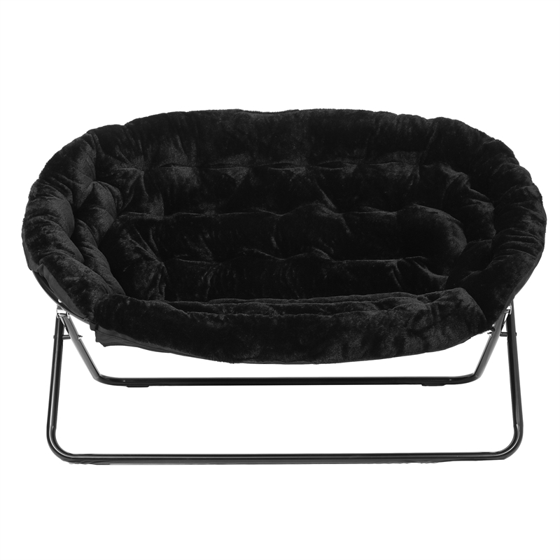 Folding Faux Fur Double Saucer Chair with Steel Frame - Black/Black