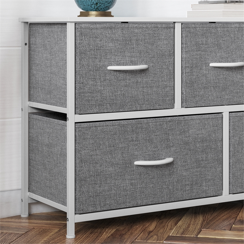 5 Drawer Dresser-White Wood Top/White Iron Frame/Gray Drawers with White Handles