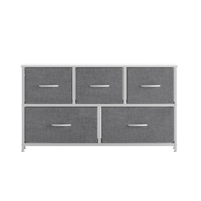 5 Drawer Dresser-White Wood Top/White Iron Frame/Gray Drawers with White Handles