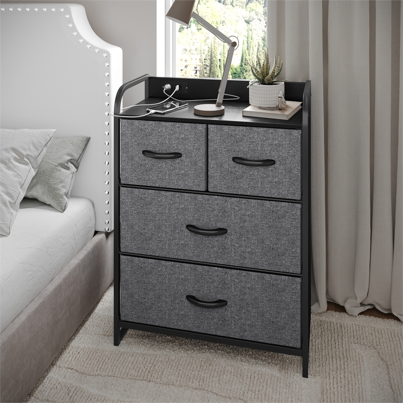 4 Fabric Drawer Nightstand with 2 USB Port/1 Outlet Charging Station in Charc/Bk