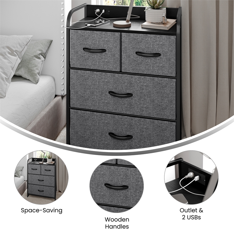 4 Fabric Drawer Nightstand with 2 USB Port/1 Outlet Charging Station in Charc/Bk