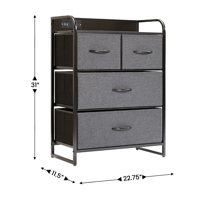 4 Fabric Drawer Nightstand with 2 USB Port/1 Outlet Charging Station in Charc/Bk