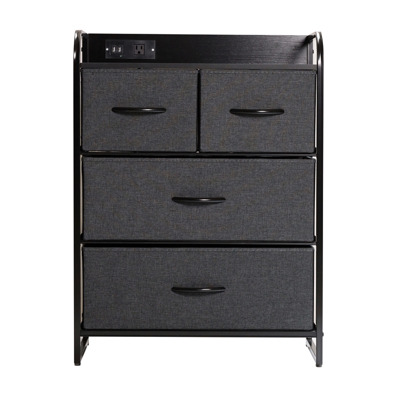 4 Fabric Drawer Nightstand with 2 USB Port/1 Outlet Charging Station in Charc/Bk