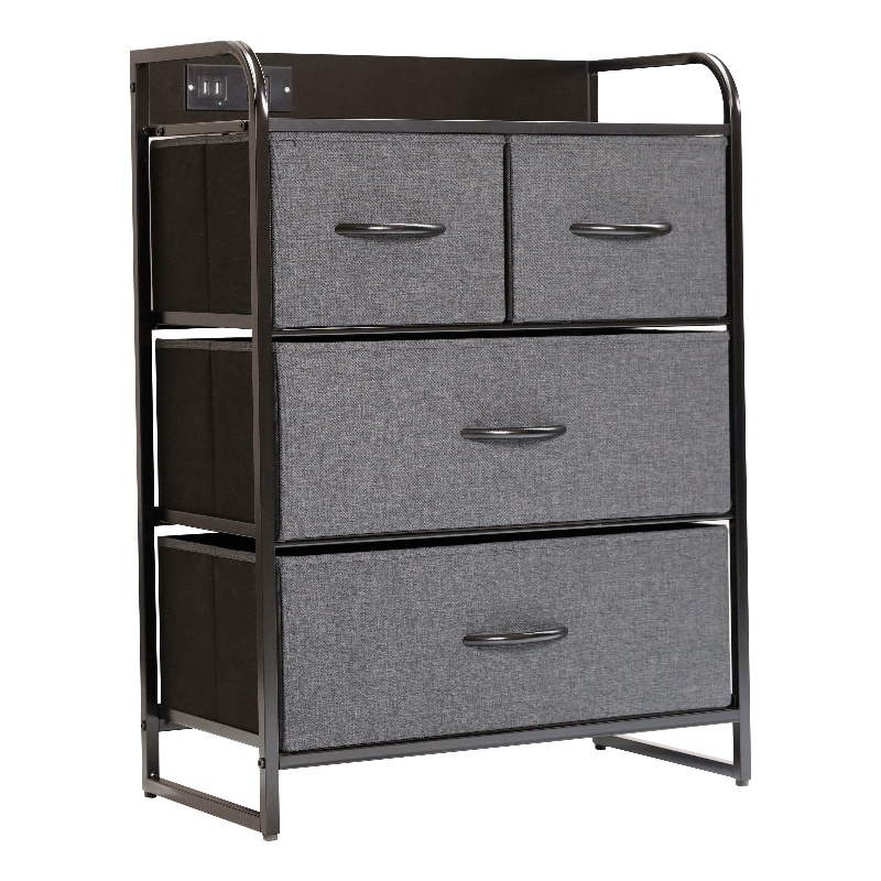 4 Fabric Drawer Nightstand with 2 USB Port/1 Outlet Charging Station in Charc/Bk