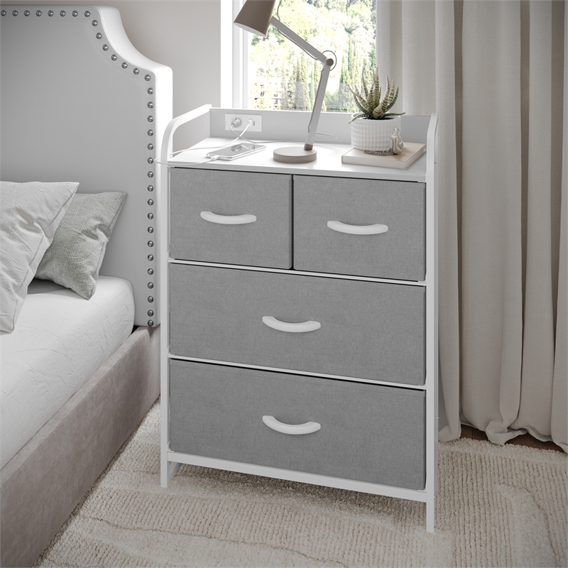 4 Fabric Drawer Nightstand with 2 USB Port/1 Outlet Charging Station in Gray/Wht