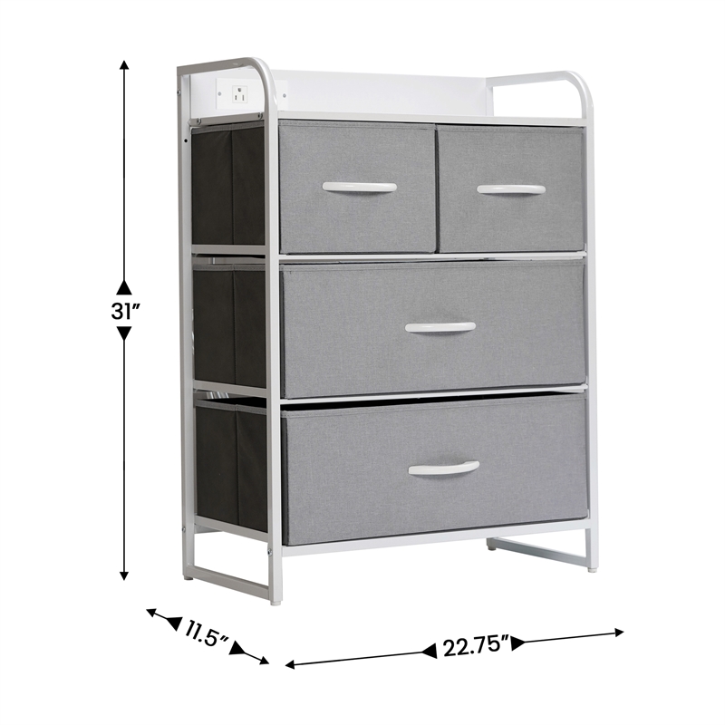 4 Fabric Drawer Nightstand with 2 USB Port/1 Outlet Charging Station in Gray/Wht