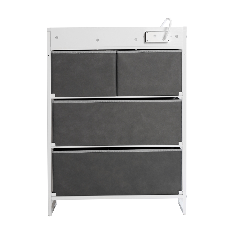 4 Fabric Drawer Nightstand with 2 USB Port/1 Outlet Charging Station in Gray/Wht