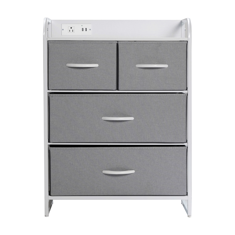 4 Fabric Drawer Nightstand with 2 USB Port/1 Outlet Charging Station in Gray/Wht