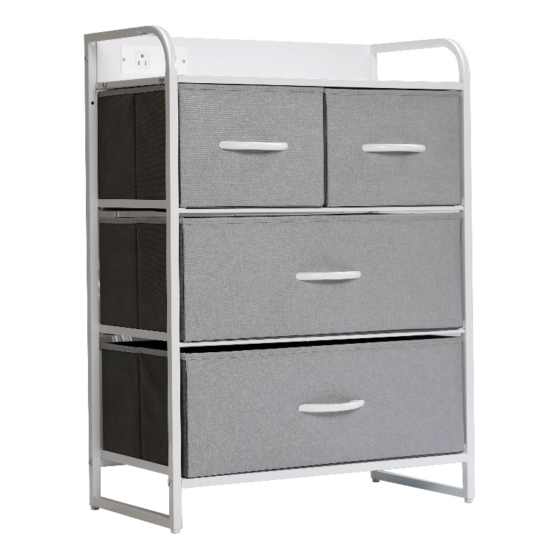 4 Fabric Drawer Nightstand with 2 USB Port/1 Outlet Charging Station in Gray/Wht