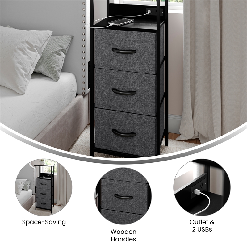 3 Fabric Drawer Nightstand with 2 USB Port/1 Outlet Charging Station in Charc/Bk