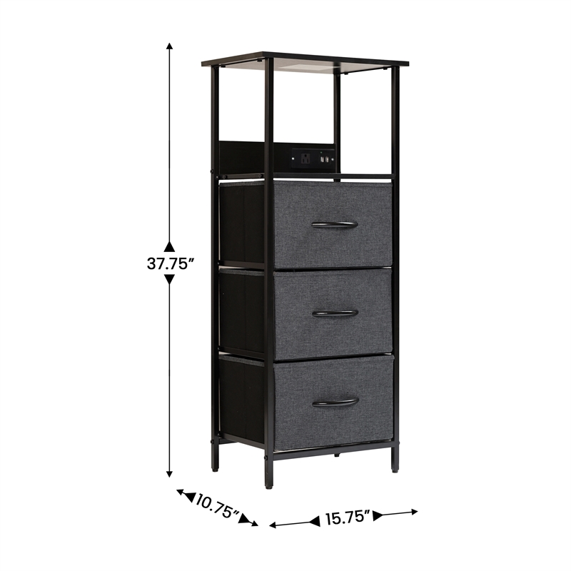 3 Fabric Drawer Nightstand with 2 USB Port/1 Outlet Charging Station in Charc/Bk