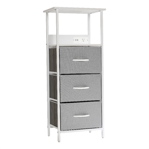 3 Fabric Drawer Nightstand with 2 USB Port/1 Outlet Charging Station in Gray/Wht