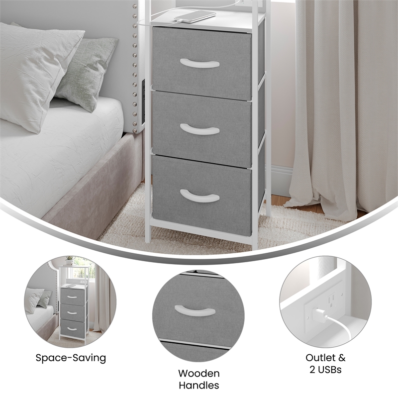 3 Fabric Drawer Nightstand with 2 USB Port/1 Outlet Charging Station in Gray/Wht