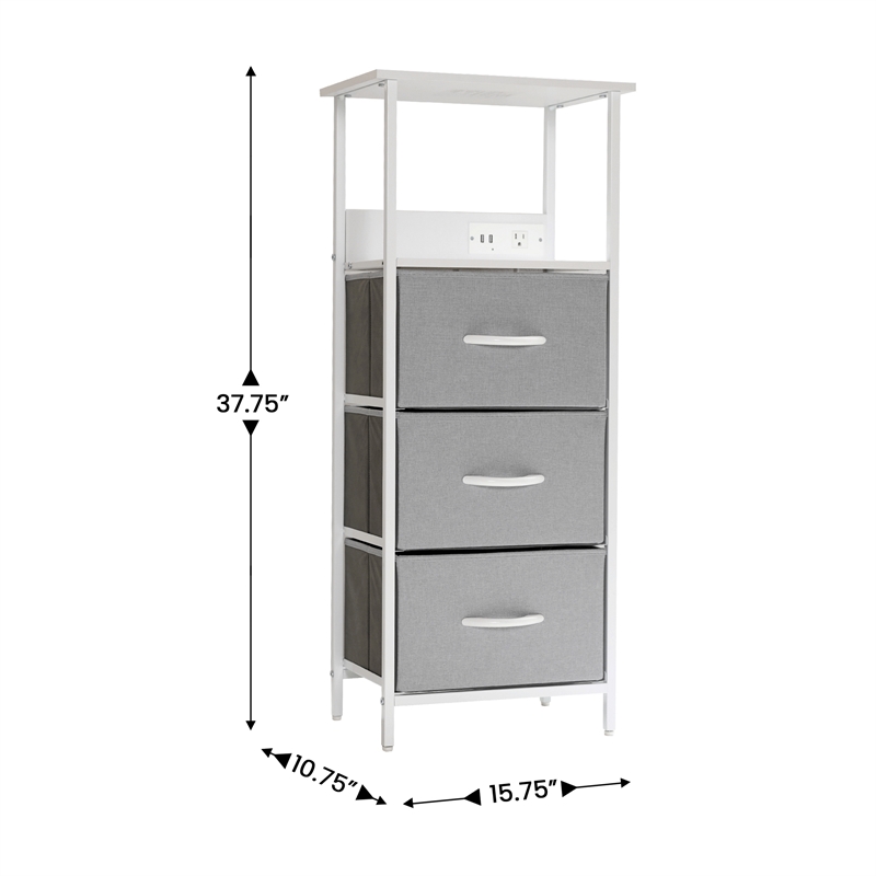 3 Fabric Drawer Nightstand with 2 USB Port/1 Outlet Charging Station in Gray/Wht