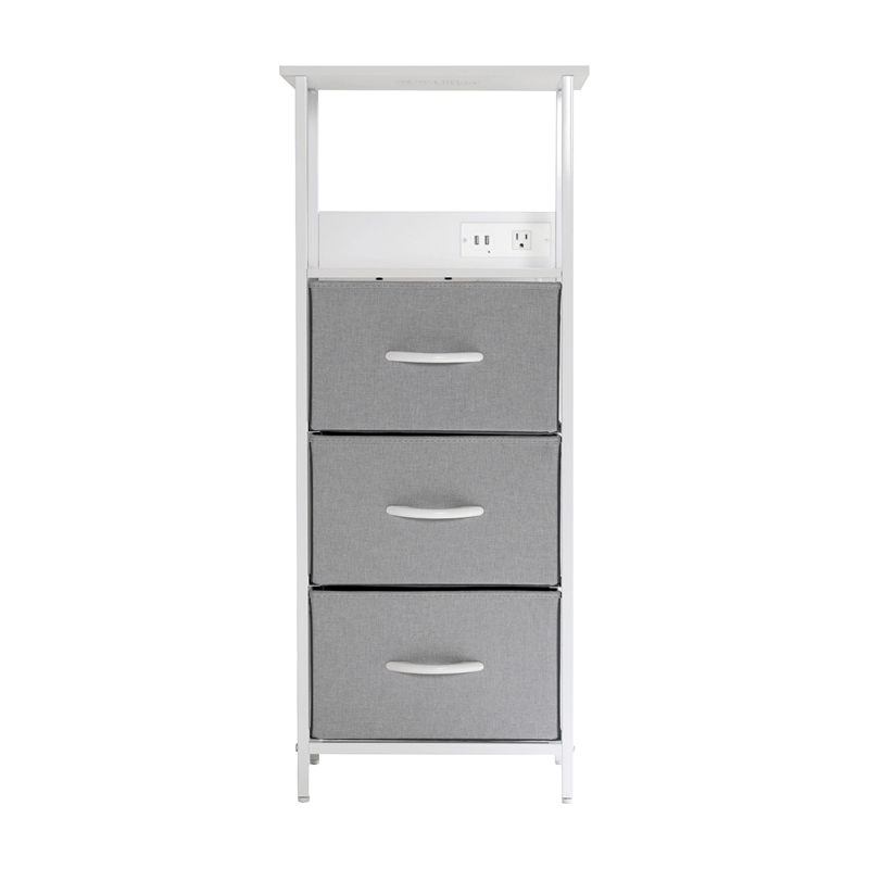 3 Fabric Drawer Nightstand with 2 USB Port/1 Outlet Charging Station in Gray/Wht