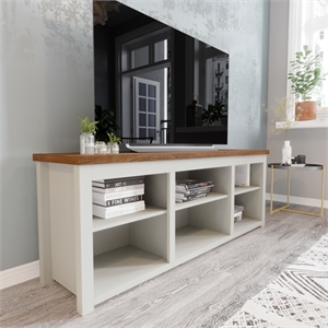 TV Stand for up to 80&quot TVs with 6 Open Storage Compartments in White/Walnut