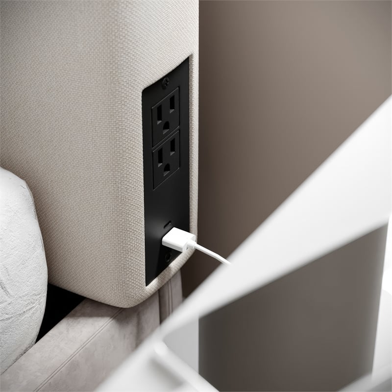 Upholstered Twin Headboard with 2 Power Outlets 1 USB 1 USB-C Port in Beige