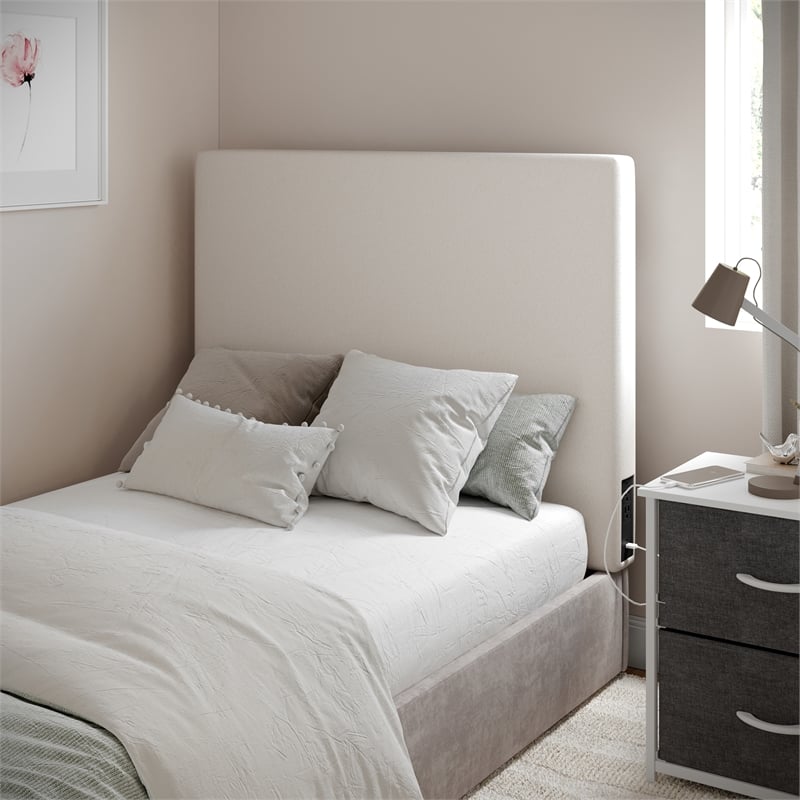 Upholstered Twin Headboard with 2 Power Outlets 1 USB 1 USB-C Port in Beige