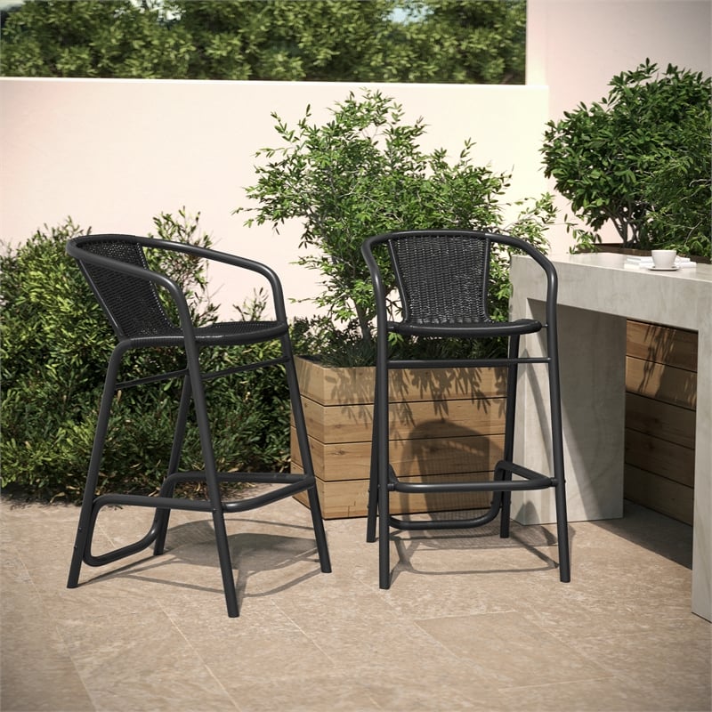 Commercial Indoor-Outdoor Rattan Restaurant Barstool Black/Black-Set of 2