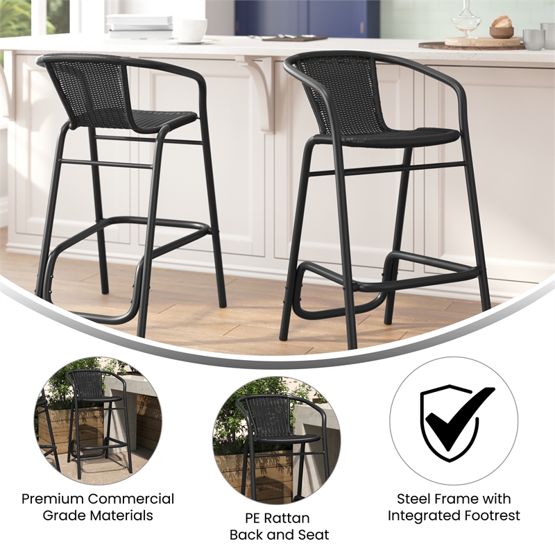 Commercial Indoor-Outdoor Rattan Restaurant Barstool Black/Black-Set of 2