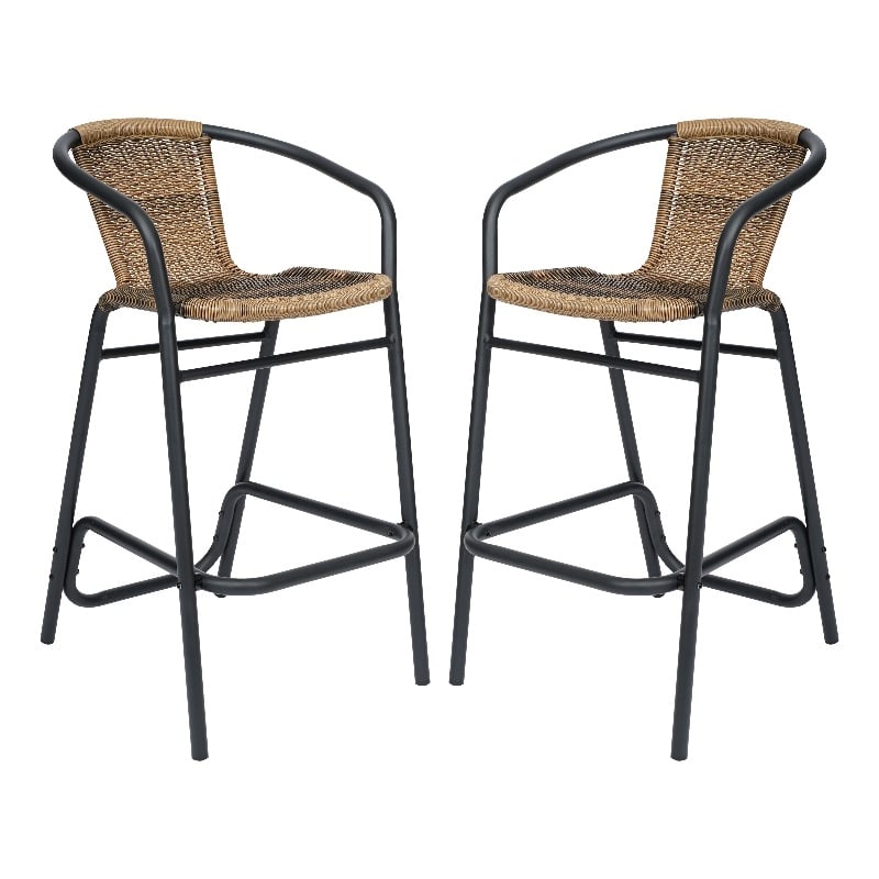 Commercial Indoor-Outdoor Rattan Restaurant Barstool Medium Brown/Black-Set of 2