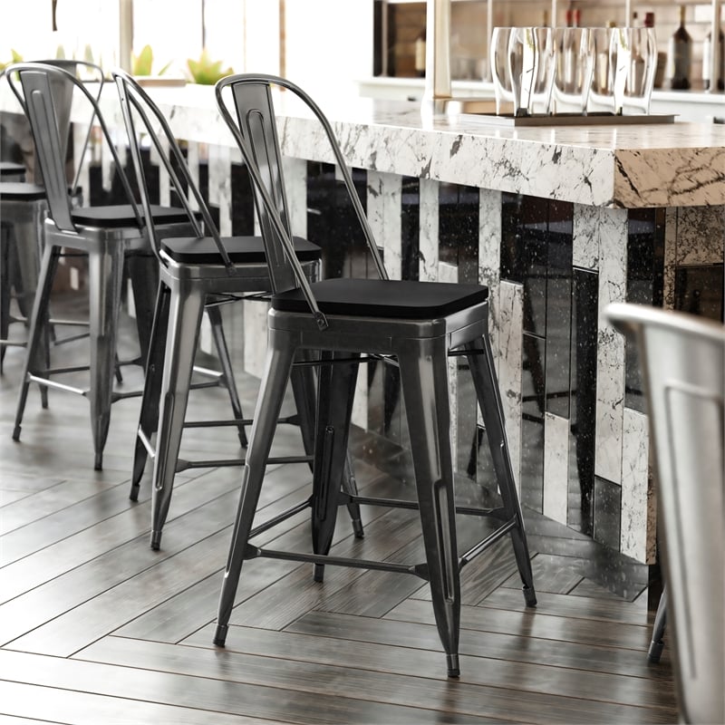 All-Weather Commercial Counter Stool with Removable Back/Poly Seat-Black/Black