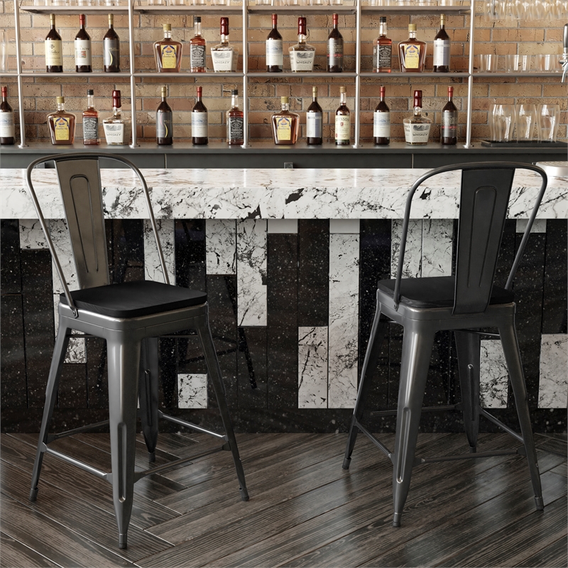 All-Weather Commercial Counter Stool with Removable Back/Poly Seat-Black/Black