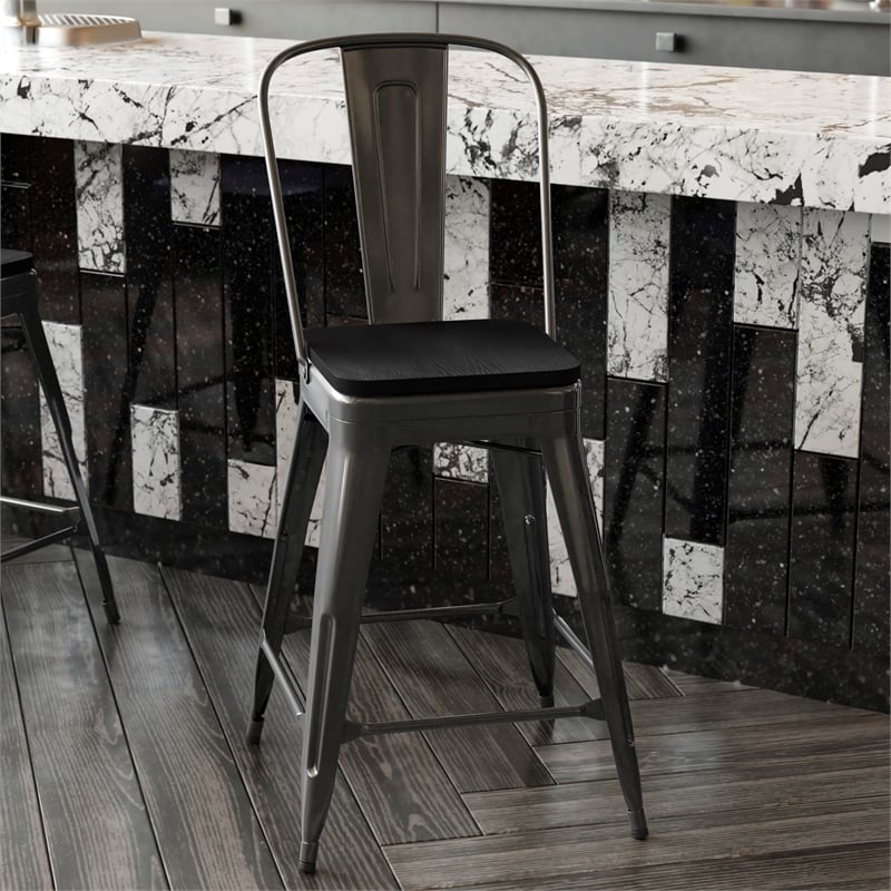 All-Weather Commercial Counter Stool with Removable Back/Poly Seat-Black/Black