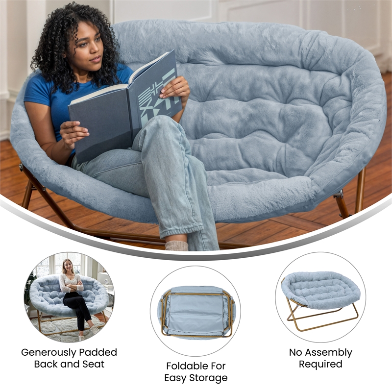 Folding Faux Fur Double Saucer Chair with Steel Frame - Dusty Aqua/Soft Gold