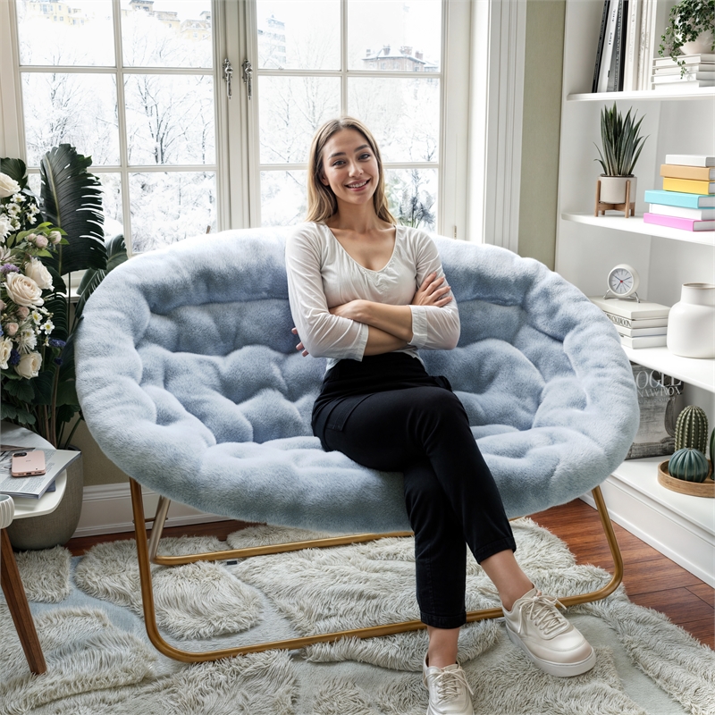 Folding Faux Fur Double Saucer Chair with Steel Frame - Dusty Aqua/Soft Gold