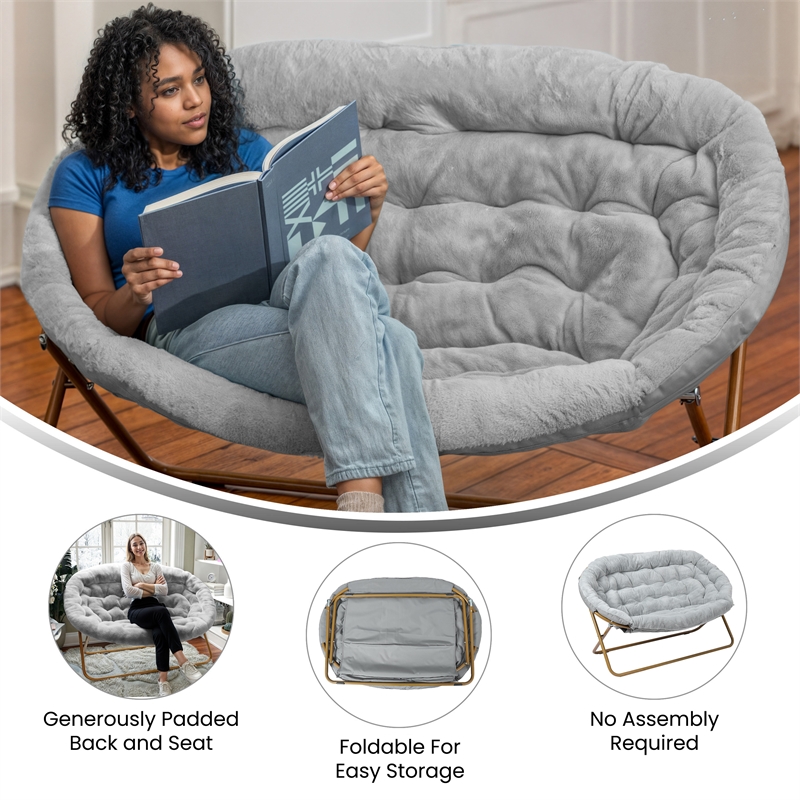 Folding Faux Fur Double Saucer Chair with Steel Frame - Gray/Soft Gold