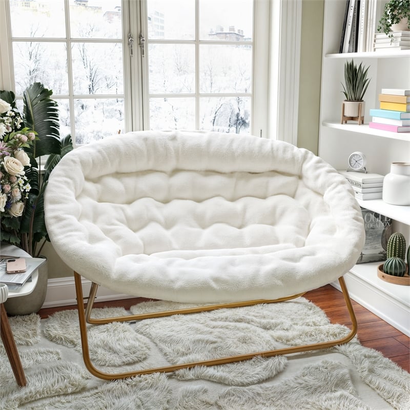 Folding Faux Shearling Double Saucer Chair with Steel Frame - Ivory/Soft Gold
