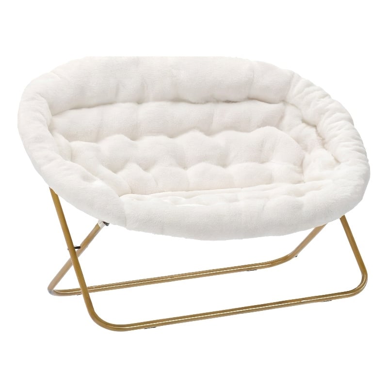 Folding Faux Shearling Double Saucer Chair with Steel Frame - Ivory/Soft Gold