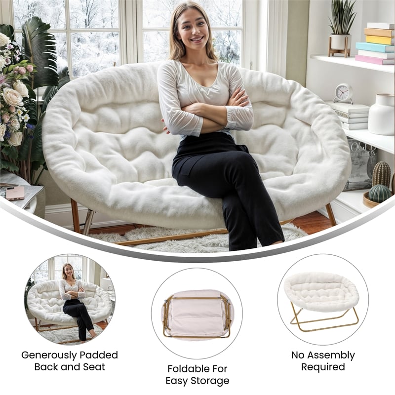 Folding Faux Shearling Double Saucer Chair with Steel Frame - Ivory/Soft Gold
