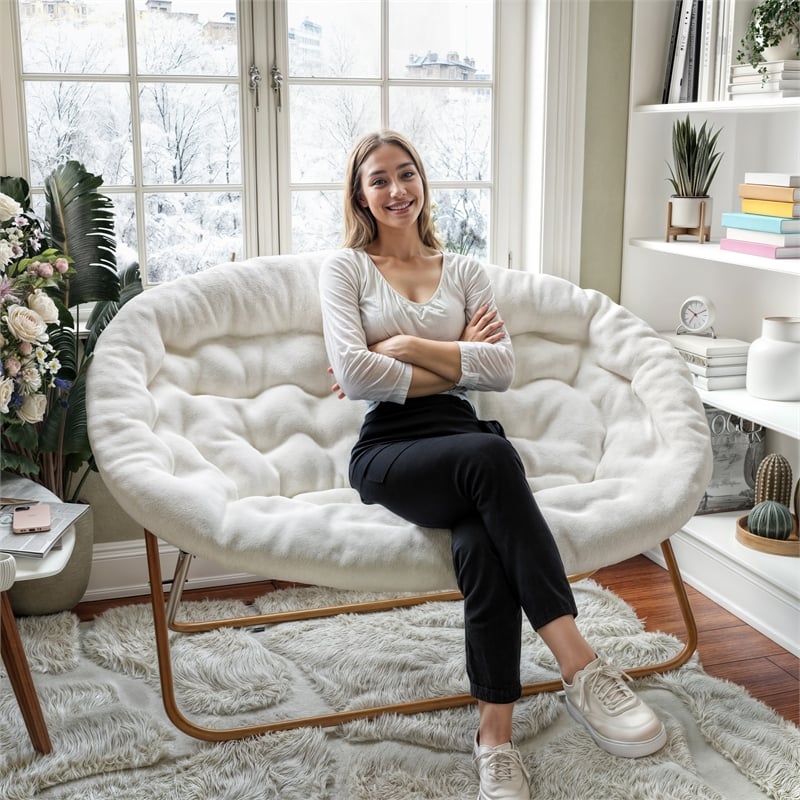 Folding Faux Shearling Double Saucer Chair with Steel Frame - Ivory/Soft Gold