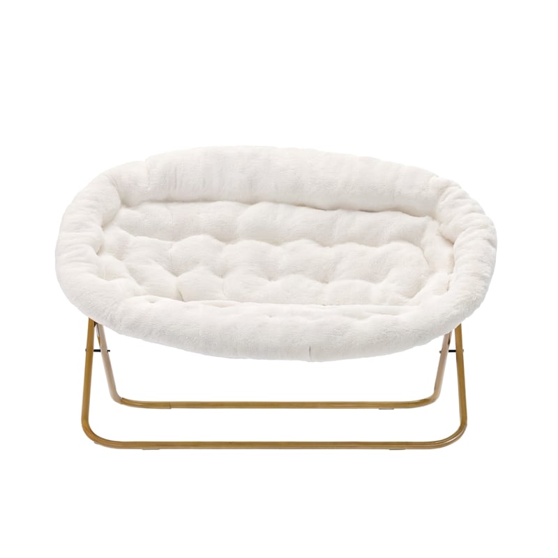 Folding Faux Shearling Double Saucer Chair with Steel Frame - Ivory/Soft Gold