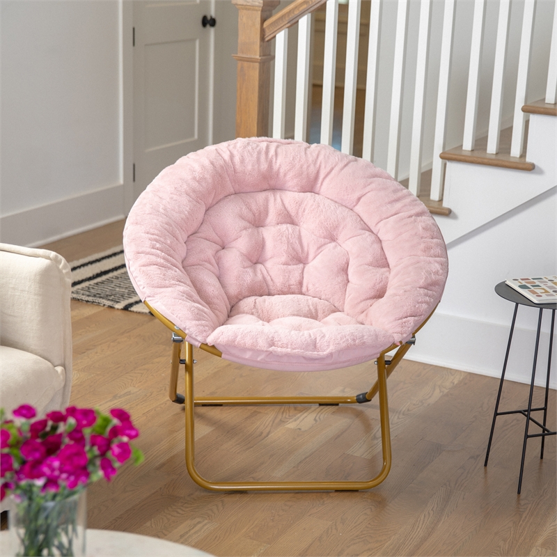 Folding XL Faux Fur Saucer Chair for Dorm or Bedroom - Blush/Soft Gold